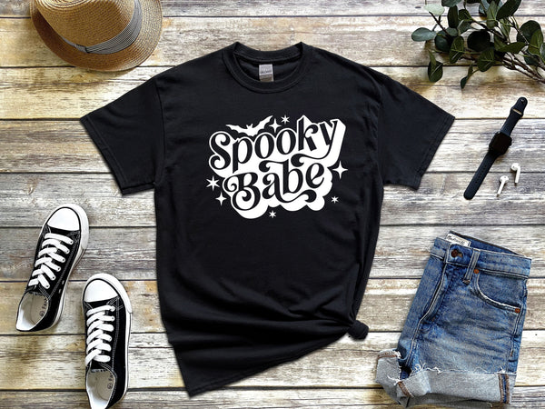 Spooky babe white on Gildan black t-shirt