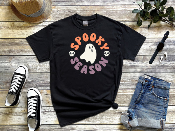 Spooky season 2 skulls on Gildan black t-shirt