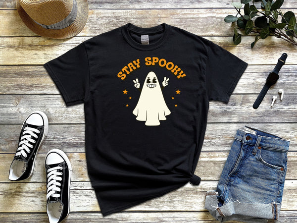 Stay Spooky Happy Ghost on Gildan Black T-Shirt