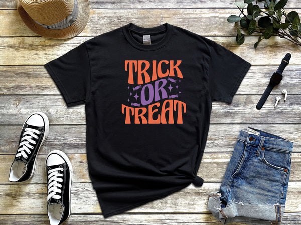 Trick or treat on Gildan black t-shirt