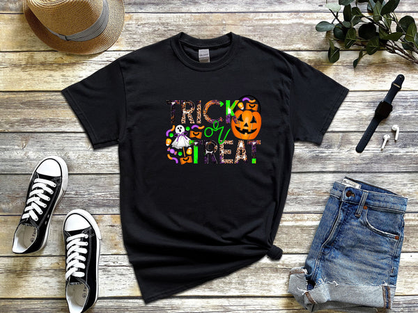 Trick or treat candy grunge on Gildan black t-shirt