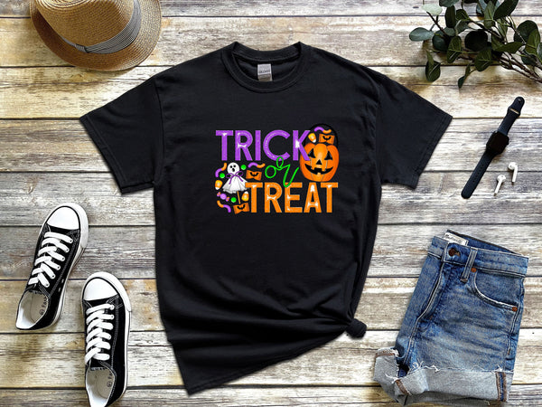 Trick or treat candy on Gildan black t-shirt