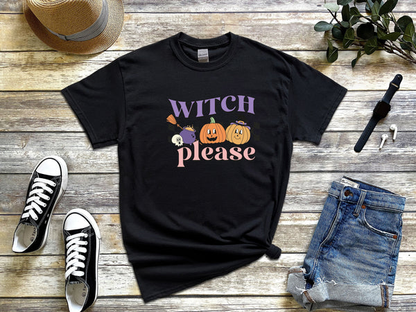 Witch please pumpkin on Gildan black t-shirt