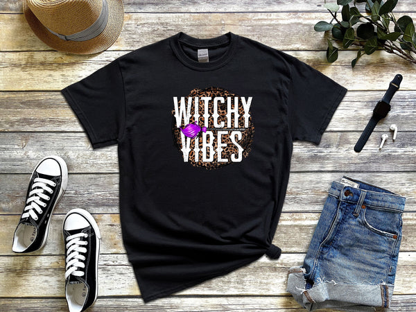 Witchy vibes leopard circle on Gildan black t-shirt