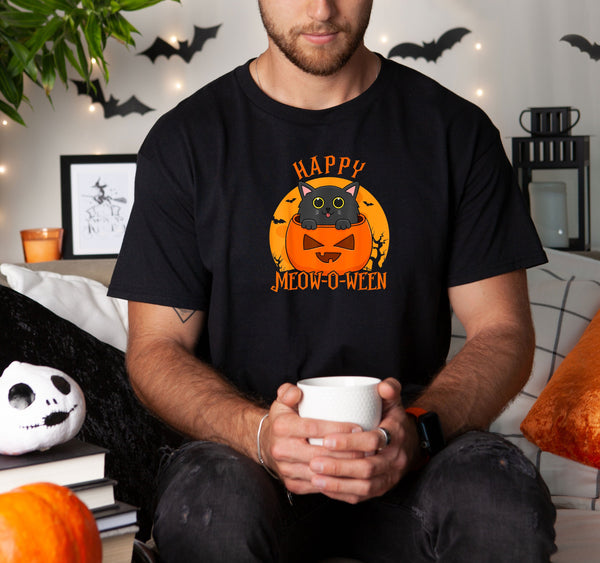 Happy Halloween Meowoween Cute Black Cat Party on Gildan Men Black T-Shirt