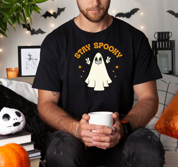 Stay Spooky Happy Ghost on Gildan Men Black T-Shirt