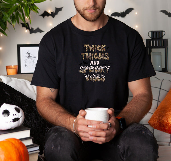 Thick things and spooky vibes on Gildan men black t-shirt