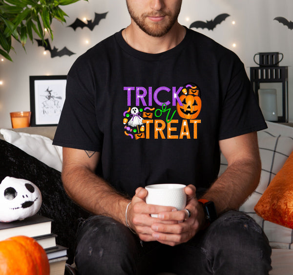 Trick or treat candy on Gildan men black t-shirt