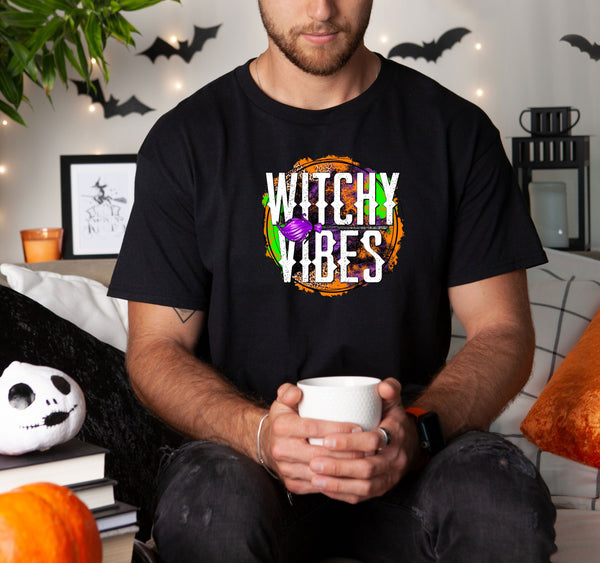 Witchy vibes grunge circle on Gildan men black t-shirt