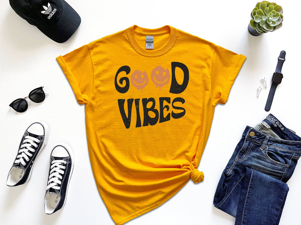Good Vibes Black Distressed on Gildan Gold T-Shirt