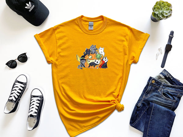 Halloween Cat Pumpkin House on Gildan Gold T-Shirt