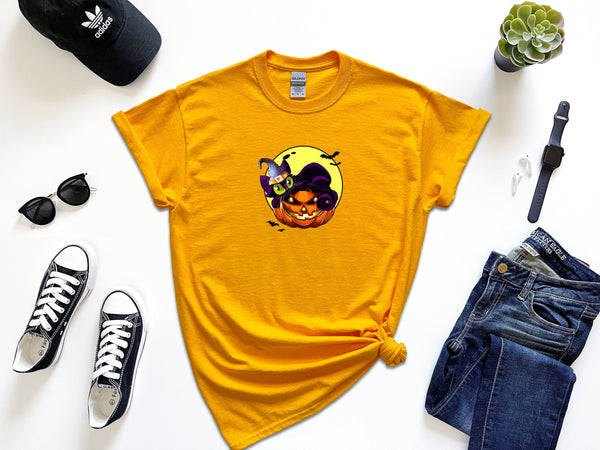 Halloween Cat on Pumpkin Wearing wizard Hat on Gildan Gold T-Shirt