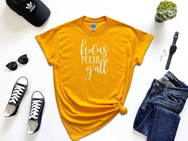 Hocus pocus yall white on Gildan Gold T-Shirt