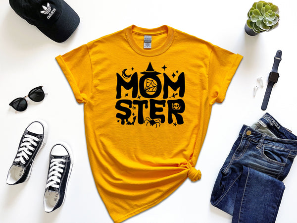 Momster stacked icons on Gildan gold t-shirt