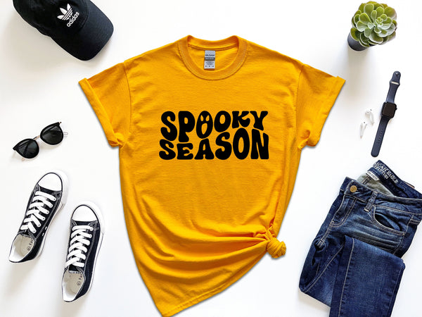 Spooky Season face on Gildan gold t-shirt