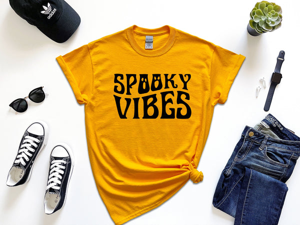 Spooky vibes 2 faces on Gildan gold t-shirt