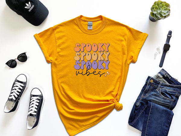 Spooky vibes on Gildan gold t-shirt