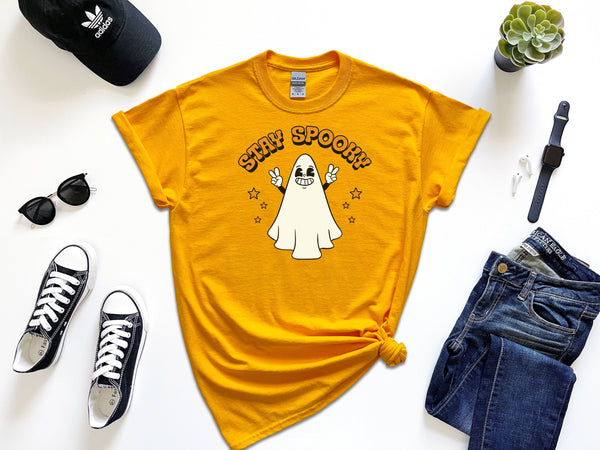 Stay Spooky Happy Ghost on Gildan Gold T-Shirt