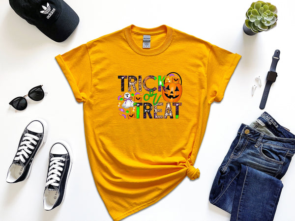 Trick or treat candy grunge on Gildan gold t-shirt