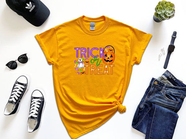 Trick or treat candy on Gildan gold t-shirt