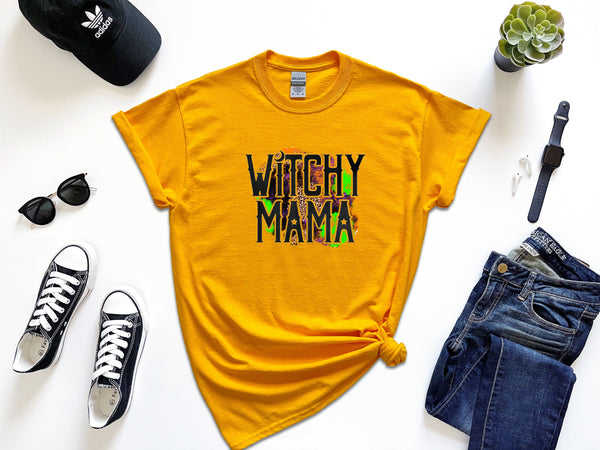 Witchy mama grunge bg on Gildan gold t-shirt