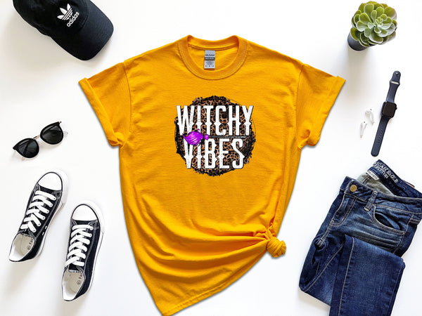 Witchy vibes leopard circle on Gildan gold t-shirt