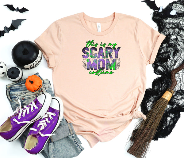 Scary mom costume green lite pink t-shirt