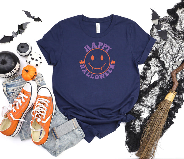 Happy Halloween Smiley Outline blue t-shirt