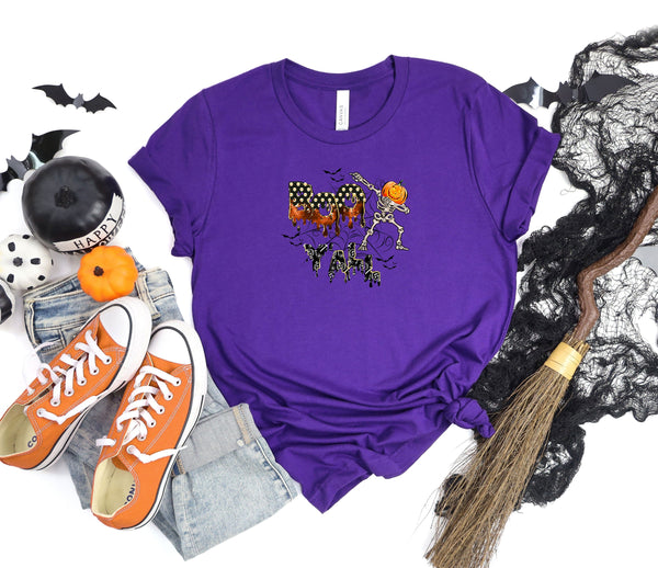 Boo y'all Skeleton Pumpkin webs purple t-shirt