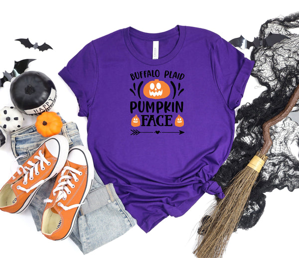 Buffalo plaid pumpkin face purple t-shirt