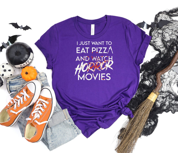 Funny Horror Movie Fan Halloween Pizza Purple T-Shirt