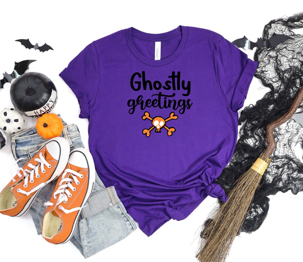 Ghostly greetings purple t-shirt