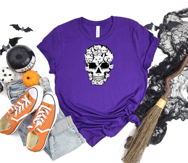 Halloween Funny Cat Skull Cat Lover Purple T-Shirt