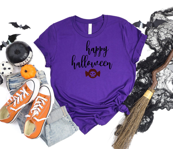 Happy halloween cursive skull candy purple t-shirt