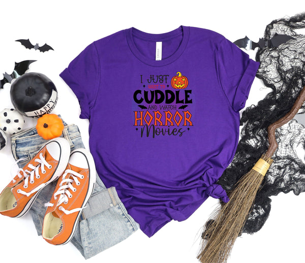 I just want to cuddle and watch horror movies purple t-shirt