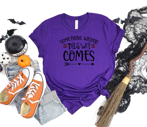Something wicked this way comes purple t-shirt