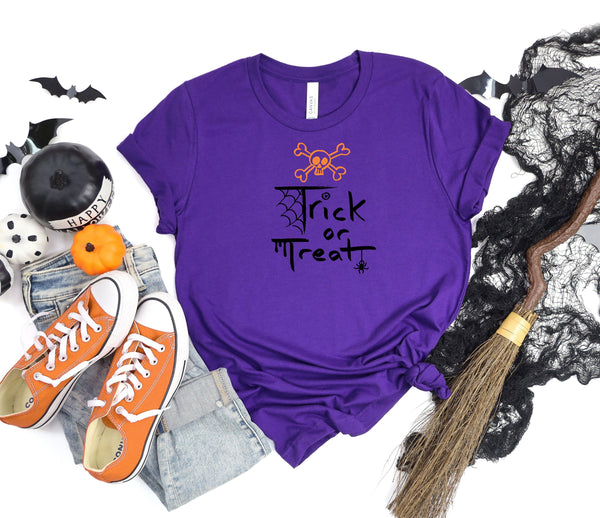 Trick or Treat web skull purple t-shirt