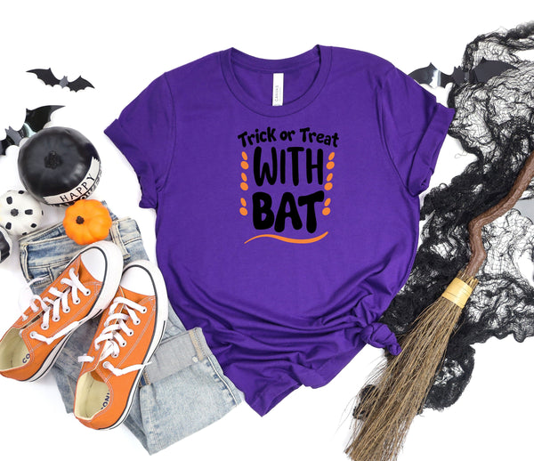 Trick or Treat with bat purple t-shirt