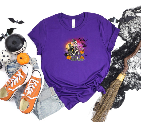 Trick or treat skeleton pumpkins purple t-shirt