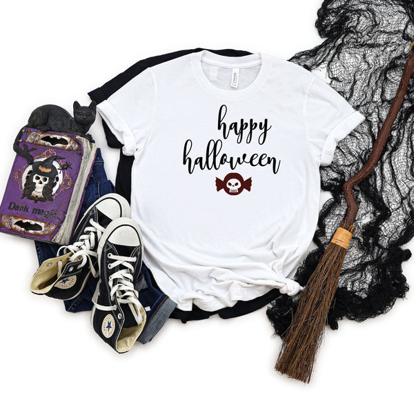 Happy halloween cursive skull candy white t-shirt