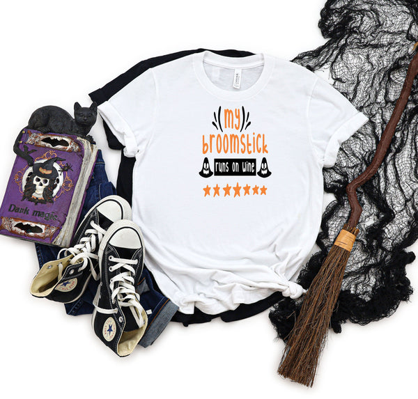 My broomstick runs on wine ghosts white t-shirt