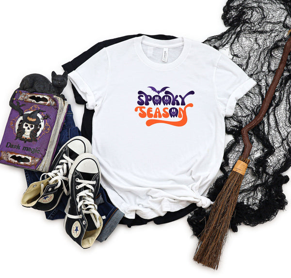 Spooky Season Bat Wavy Faces White T-Shirt