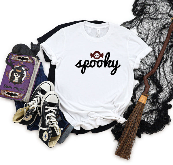 Spooky cursive candy skull white t-shirt