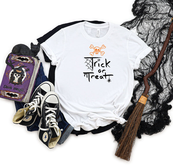 Trick or Treat web skull white t-shirt