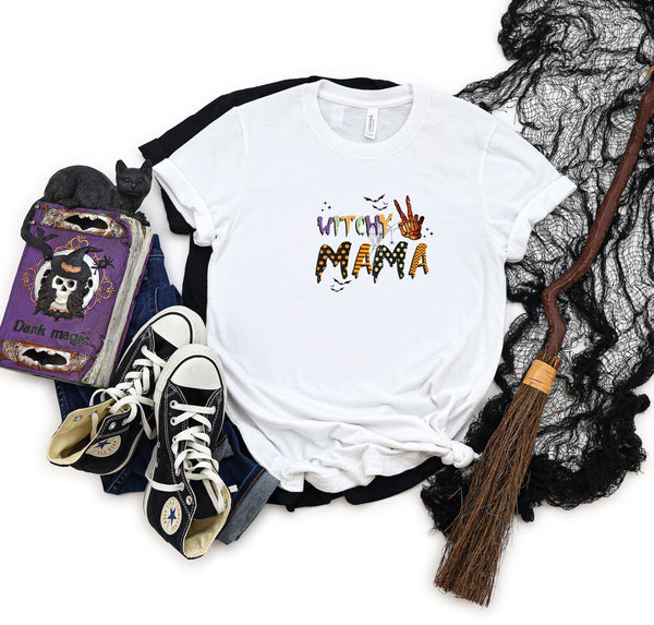 Witchy mama letters skeleton bats webs white t-shirt