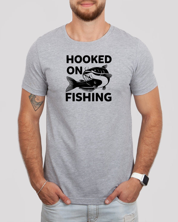 Hooked on fishing med gray t-shirt