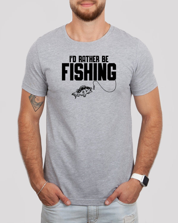 I'd rather be fishing black lettering med gray t-shirt