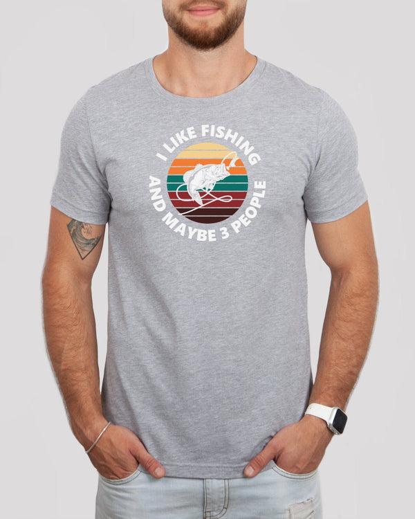 I like fishing and maybe 3 people med gray t-shirt