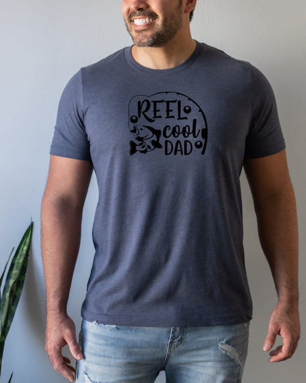 Reel cool dad black lettering navy t-shirt