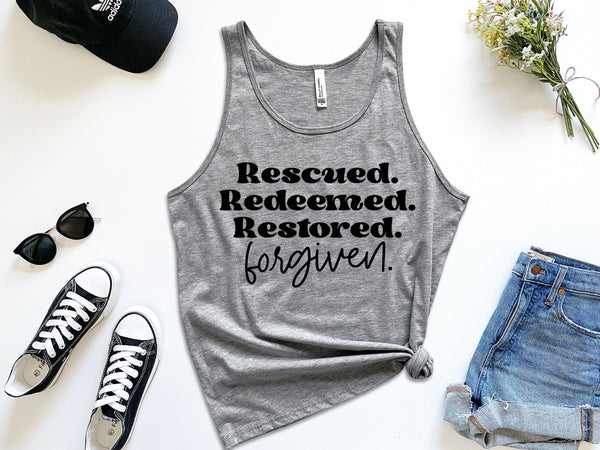 Rescued redeemed restored forgiven gray tank tops